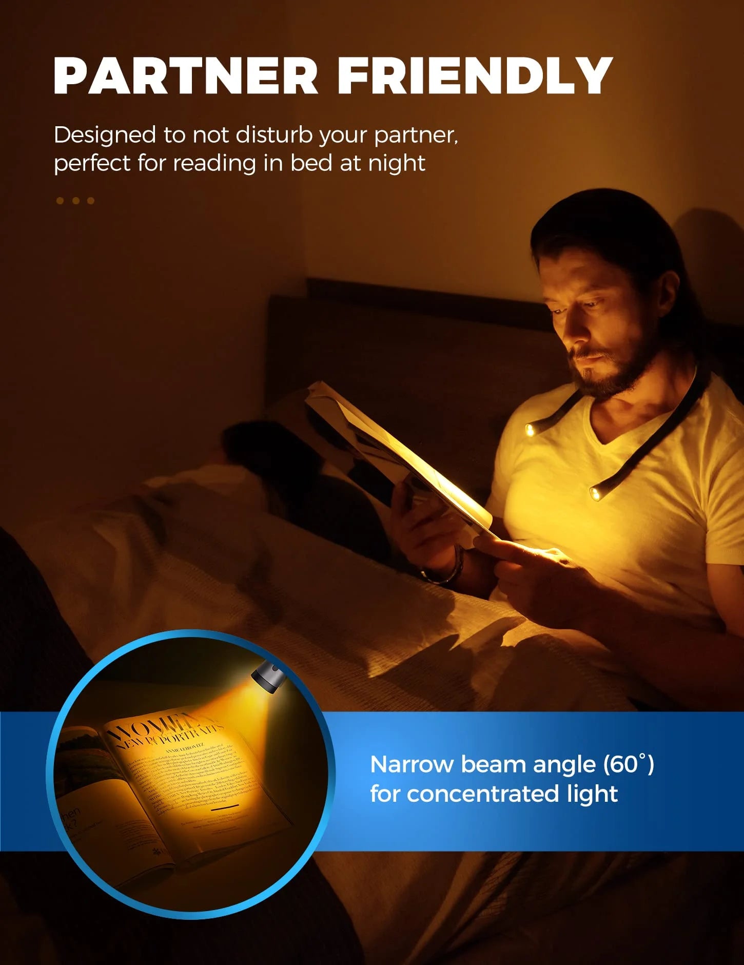 Neck Reading Light Rechargeable, 6 Brightness Levels & 3 Colors Amber Book Light for Reading in Bed, 80H Reading, Bendable Long Arms