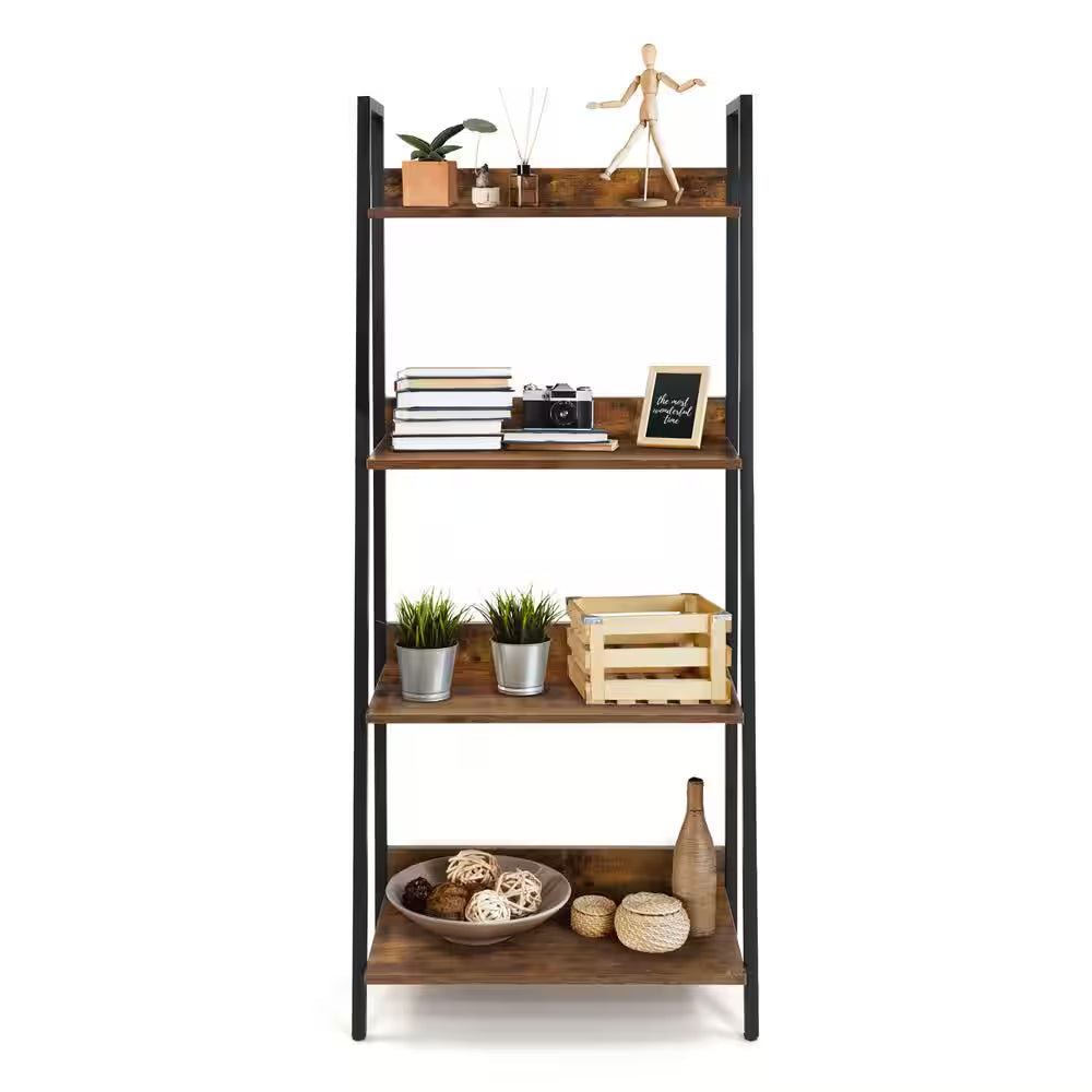52 In. Industrial Book Shelves, 24 In. Width 4-Shelf Ladder Bookcase for Home Office, Living Room and Kitchen