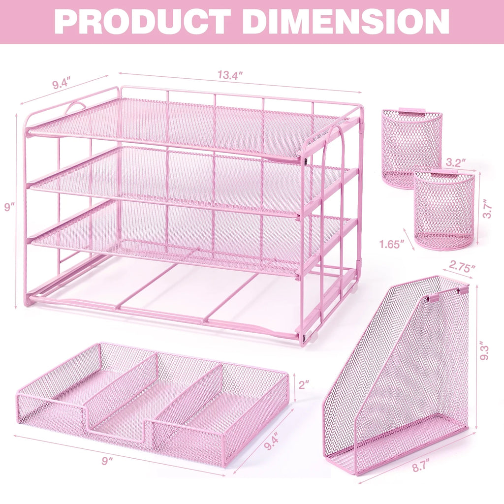 Desktop Organizer 4-Tier Desk Organizers Sets and Storage, File Organizers for Desk Drawer Organizer, Paper Organizer for Desk (Pink)