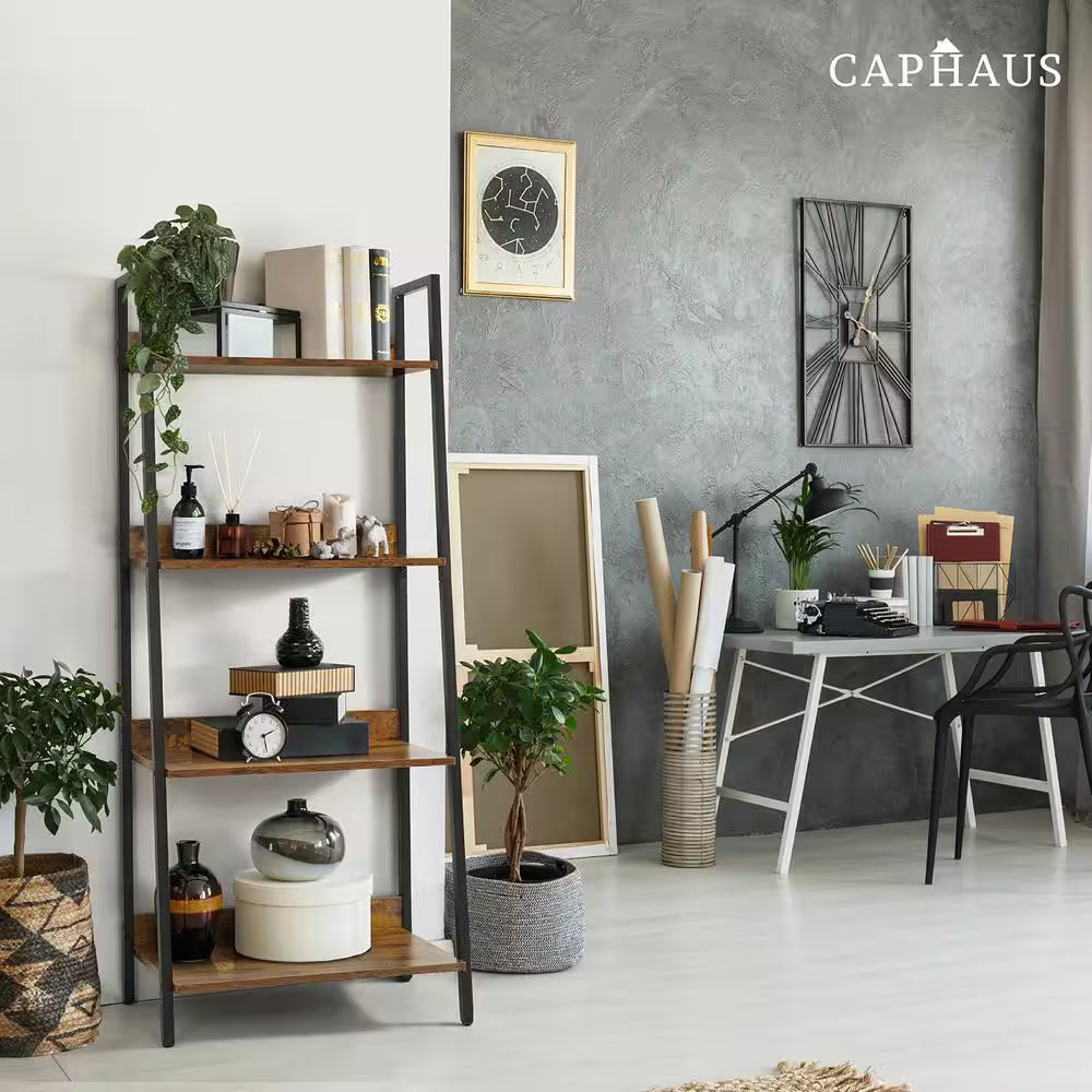 52 In. Industrial Book Shelves, 24 In. Width 4-Shelf Ladder Bookcase for Home Office, Living Room and Kitchen