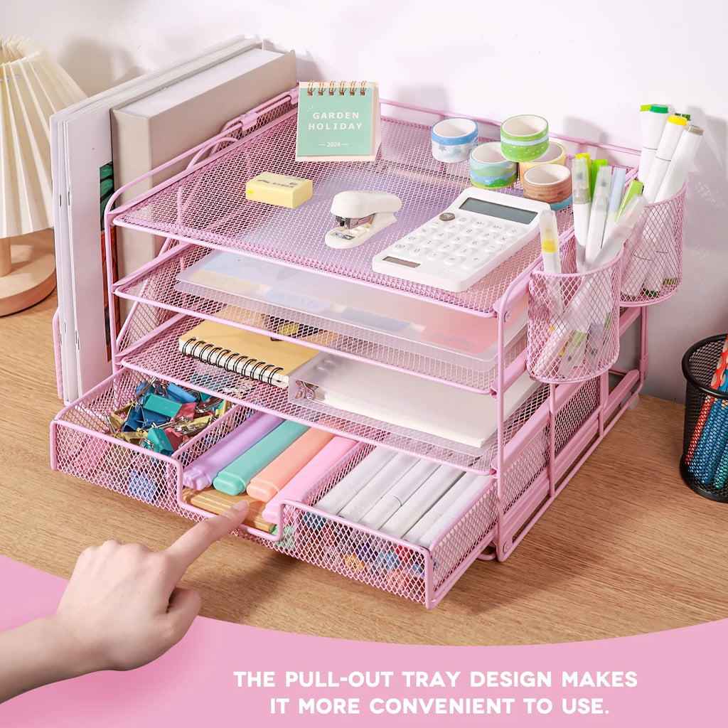 Desktop Organizer 4-Tier Desk Organizers Sets and Storage, File Organizers for Desk Drawer Organizer, Paper Organizer for Desk (Pink)