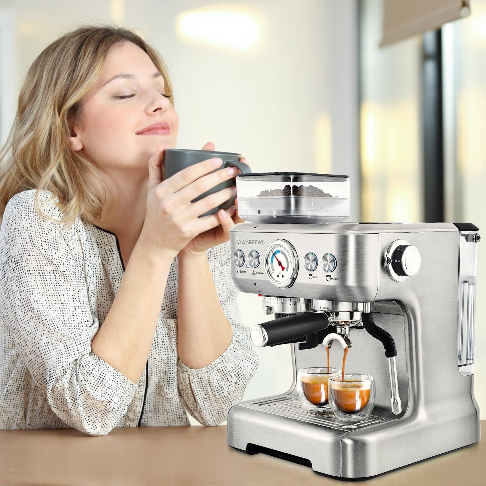 Espresso Machine with Grinder, Professional Espresso Coffee Maker with Milk Frother Steam Wand
