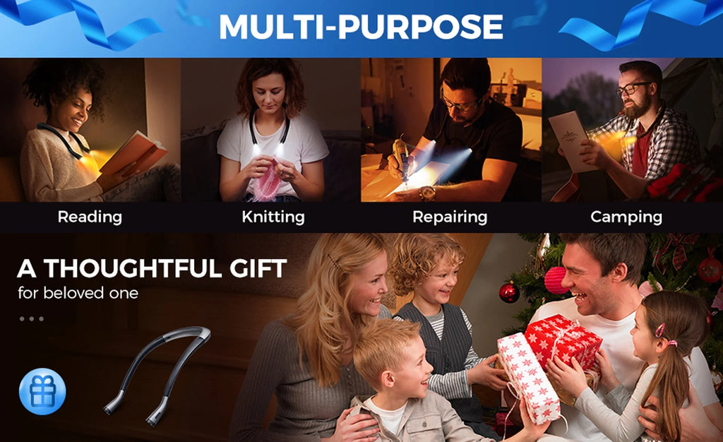 Neck Reading Light Rechargeable, 6 Brightness Levels & 3 Colors Amber Book Light for Reading in Bed, 80H Reading, Bendable Long Arms